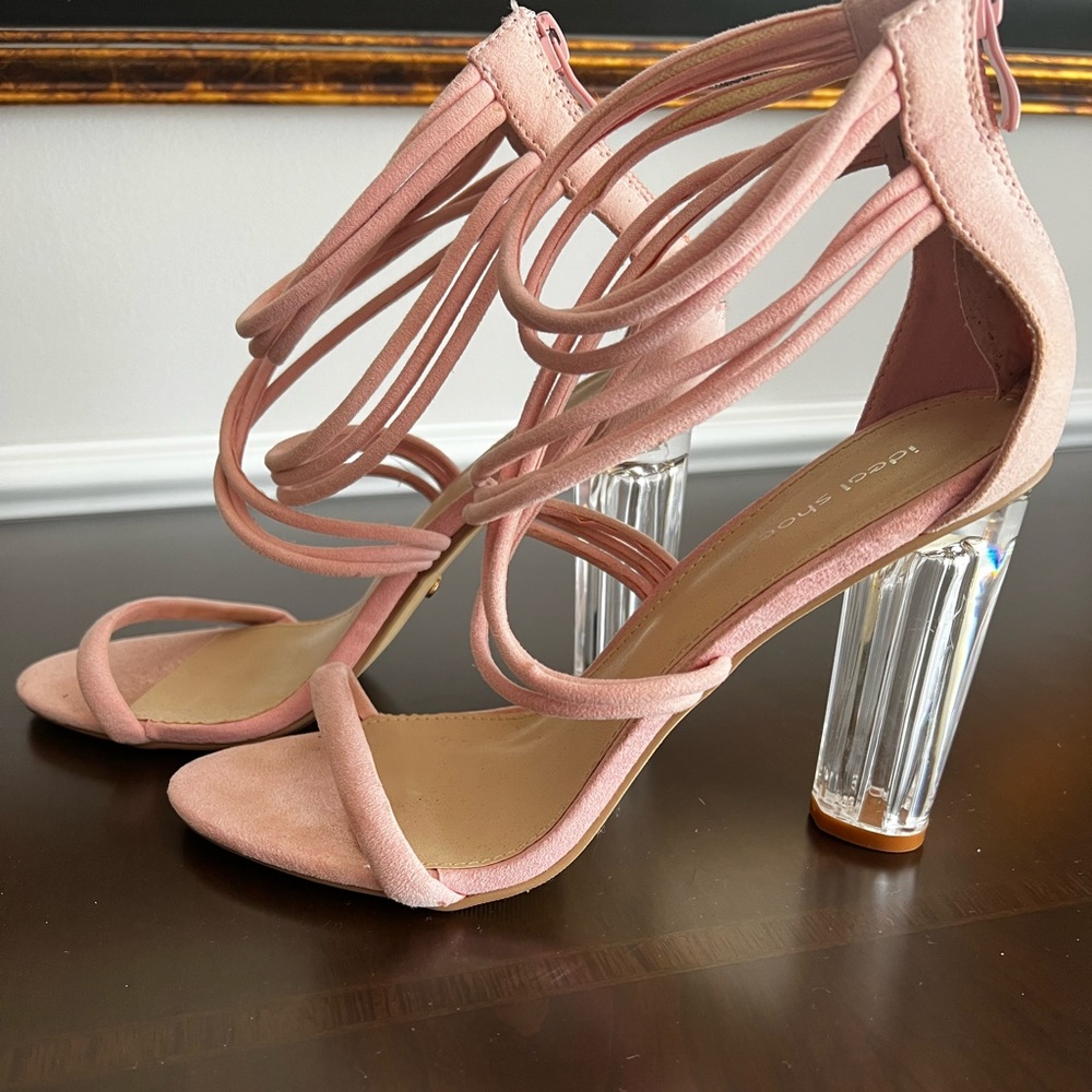 Lucite Block heel sandals, baby pink, cross strap US size 8
